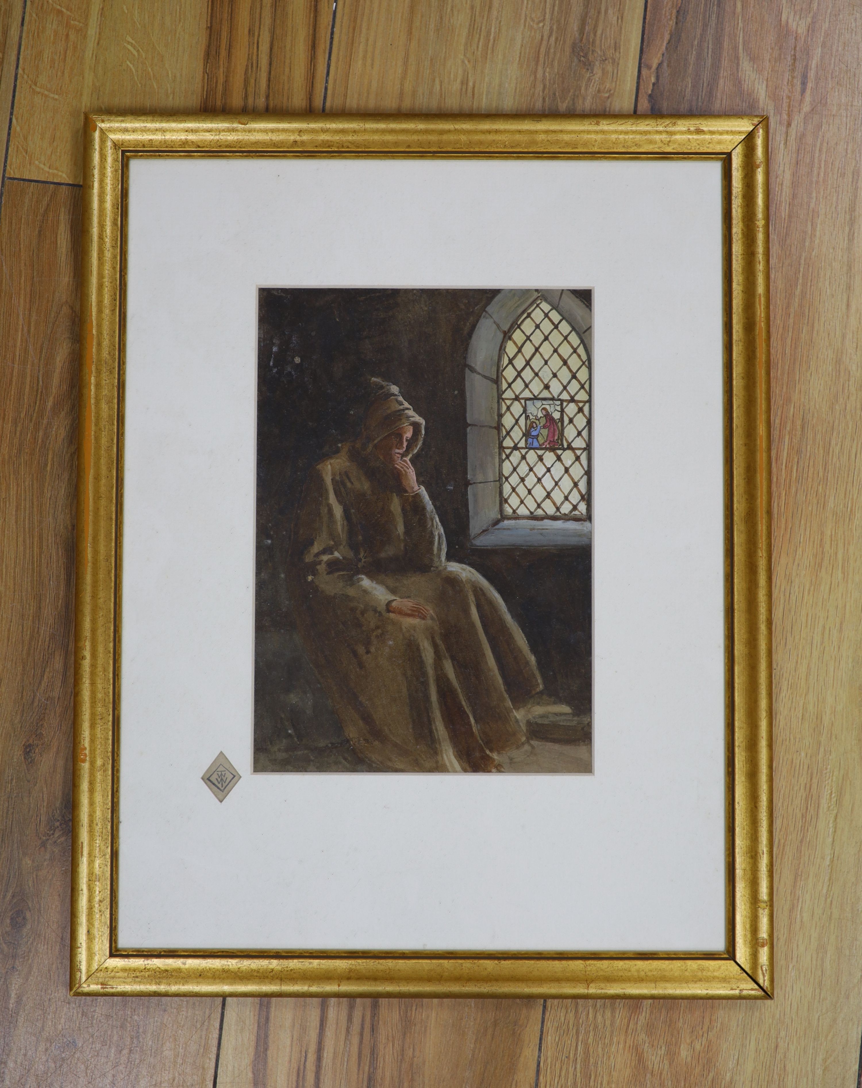 William Tatton Winter (1855-1928), watercolour, Monk seated beside a window, monogrammed, 24 x 17cm